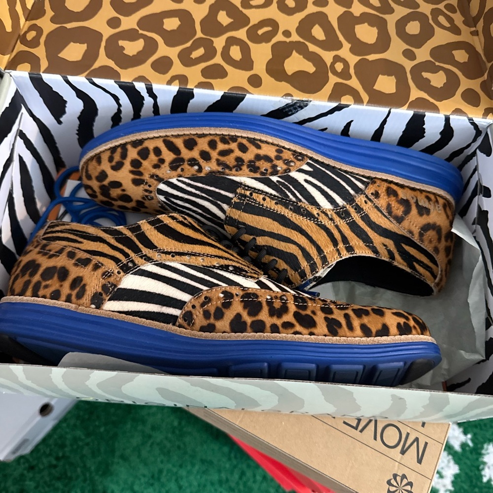Cole Haan X ATMOS Colab Leopard and Zebra Print Oxfords with Blue Soles